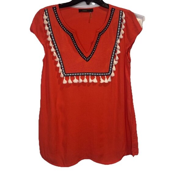 THML Women’s Coral Cap Sleeve Tassel Embroidered V Neck Blouse Top Sz S - Picture 1 of 8